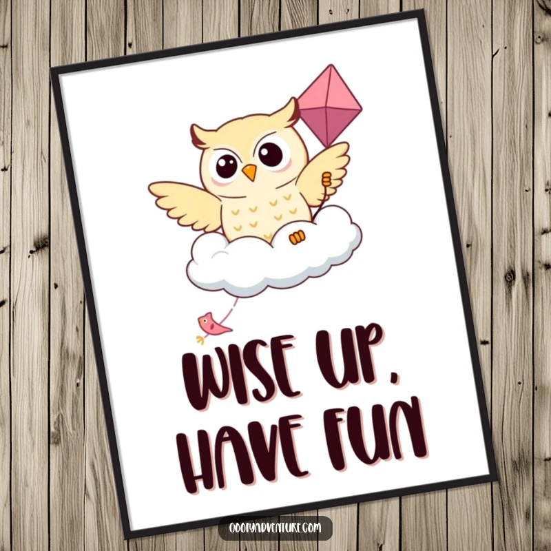 Funny Free Printable Wall Art: Kawaii owl happily riding a fluffy, cloud-shaped kite high in the sky, embodying playful freedom.