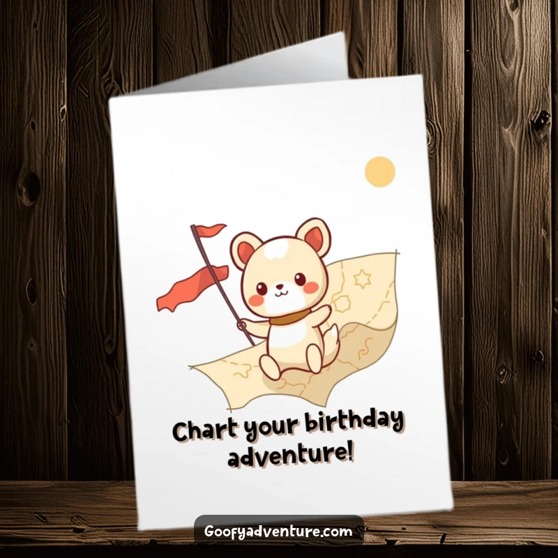 Funny Free Printable Birthday Card of a kawaii animal character bravely charting a course on a giant map, a journey of celebration.