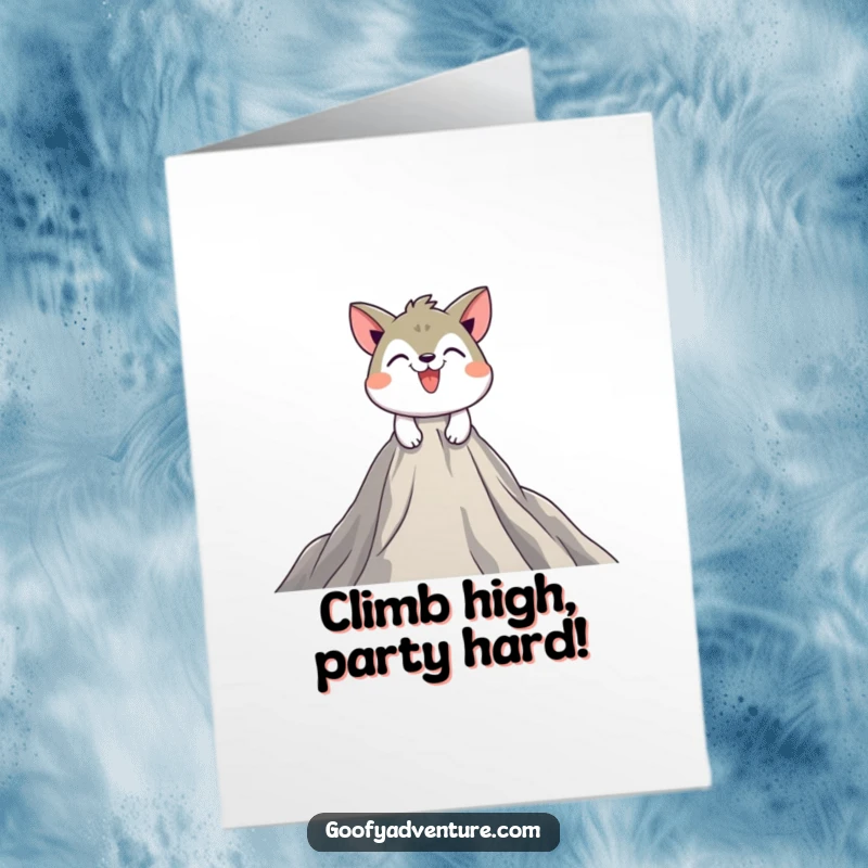 Funny Free Printable Birthday Card: Playful animal determinedly climbs a huge mountain peak with a grin.
