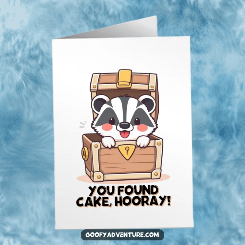 Funny Free Printable Birthday Card: Smiling badger peeking from treasure chest, birthday surprise, exciting gift, DIY.