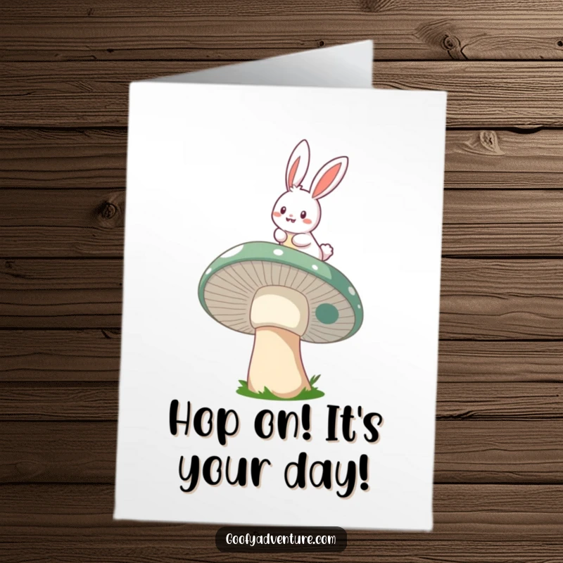 Funny Free Printable Birthday Card of a cheerful bunny character joyfully riding a giant, whimsical mushroom through the sky.