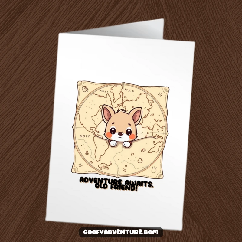 Funny Free Printable Birthday Card: Curious animal peeks from a huge ancient map, seeking birthday fun.