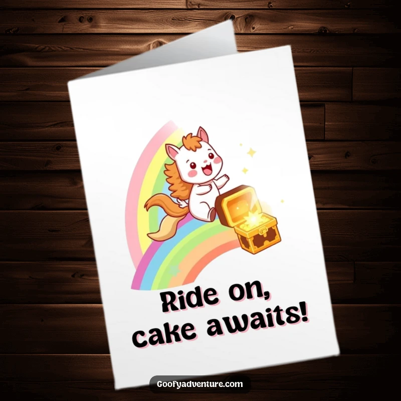 Funny Free Printable Birthday Card: Happy animal zooms on a rainbow to treasure, spreading birthday joy.