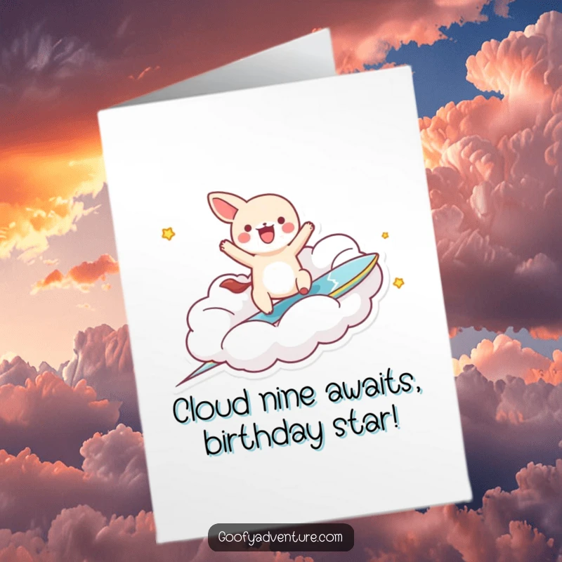 Funny Free Printable Birthday Card: Kawaii animal surfing a cloud with surfboard joy, ready to party.