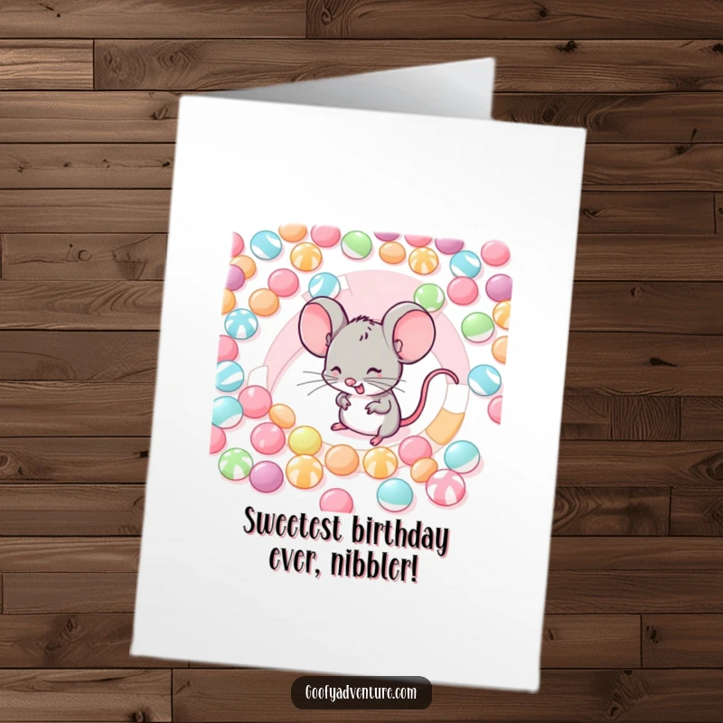 Funny Free Printable Birthday Card: Giggling mouse in candy maze, sweet birthday wishes, delightful treat, DIY.