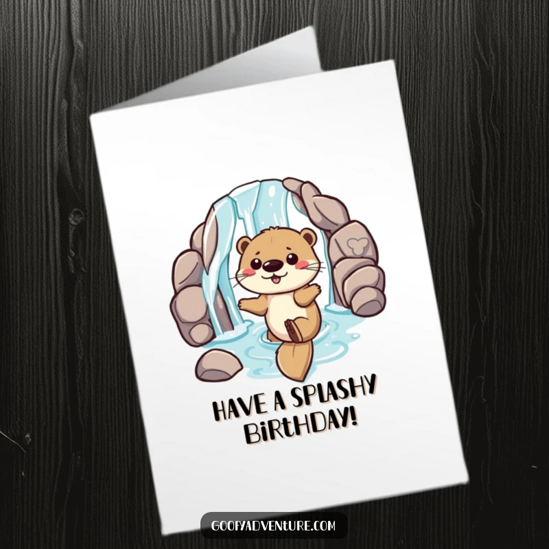 Funny Free Printable Birthday Card: Playful otter gleefully sliding down a lush waterfall entrance, splashing water joyfully.