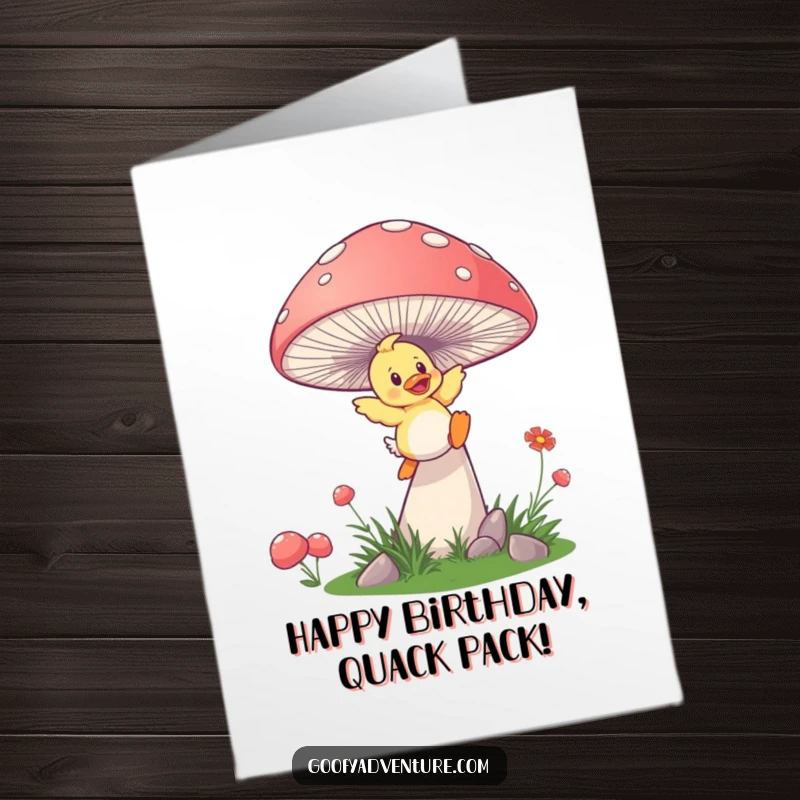 Funny free printable birthday card: a playful duckling launches from a giant, springy mushroom.