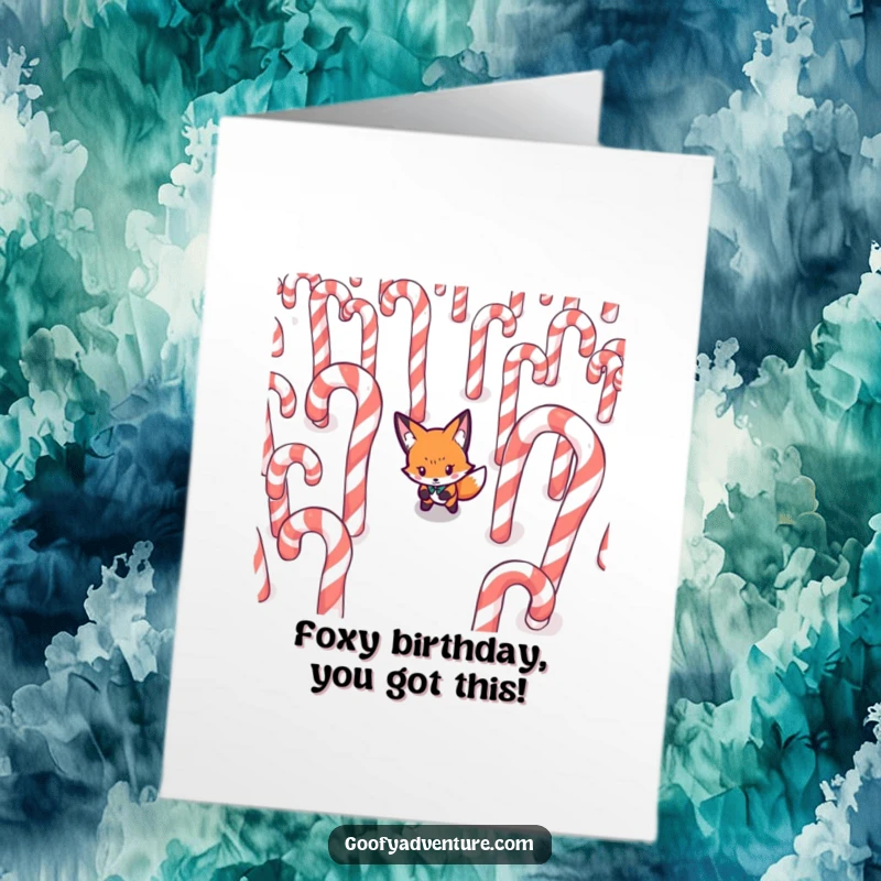 Funny Free Printable Fox Birthday Card: Determined fox navigating a candy cane maze, adding sweet challenge humor.