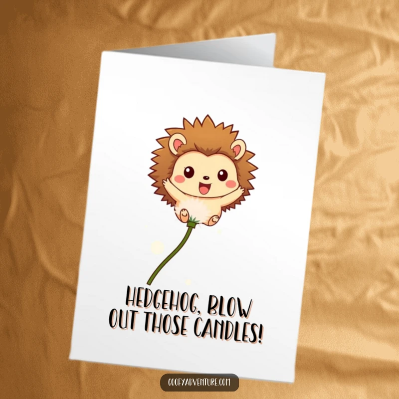 Funny Free Printable Birthday Card: Hedgehog joyfully flying on a dandelion seed against a blue sky.