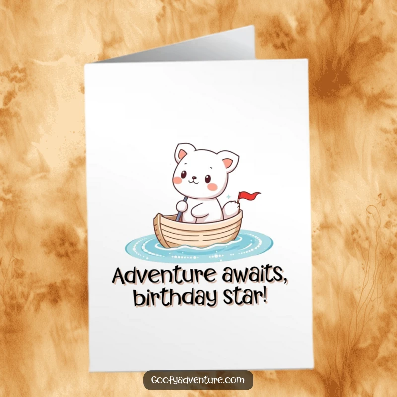 Funny Free Printable Birthday Card: Kawaii animal grinning while sailing a tiny boat on sparkly water, ready for laughs.