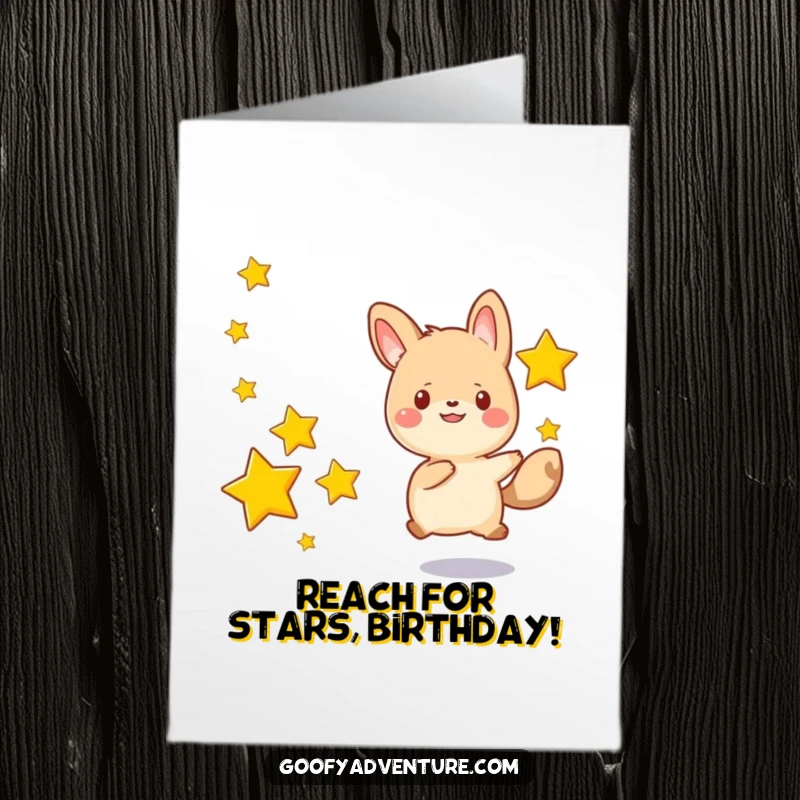 Funny Free Printable Birthday Card: Kawaii animal joyfully chasing glowing stars, a whimsical and downloadable design.