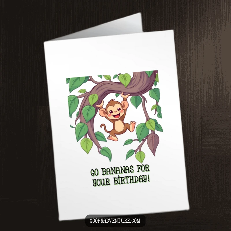 Funny Free Printable Cheerful Monkey Swinging from a Giant Vine Birthday Card, full of joy and energy.