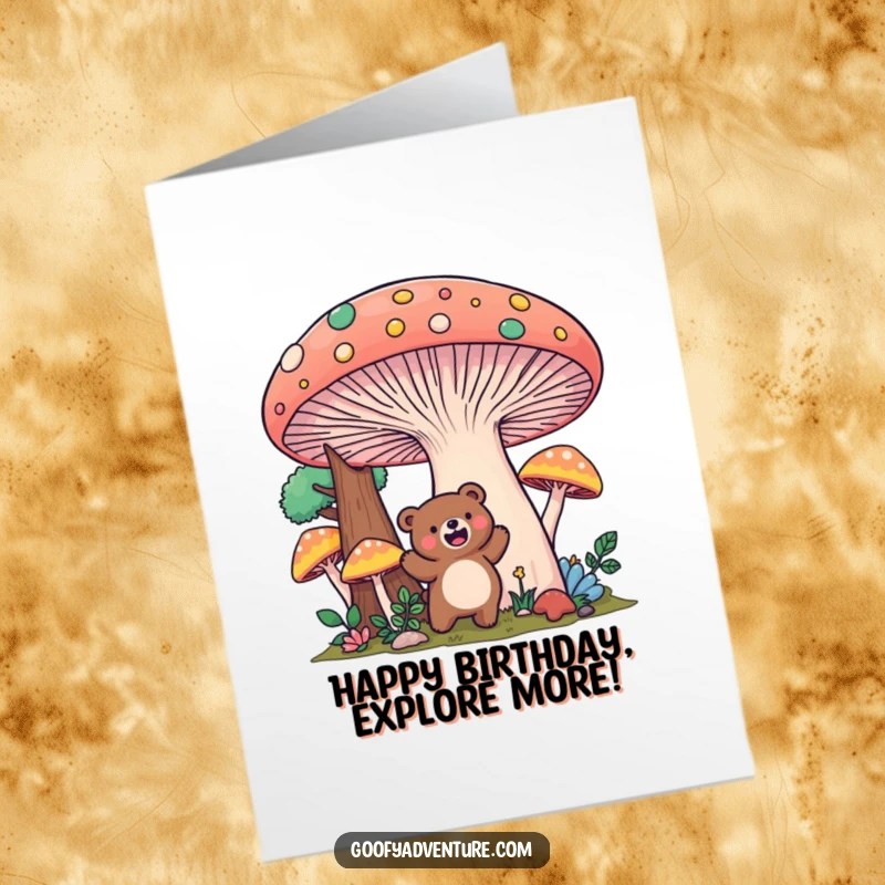 Funny Free Printable Birthday Card: Kawaii bear exploring a vibrant, giant mushroom forest, radiating joy and curiosity.