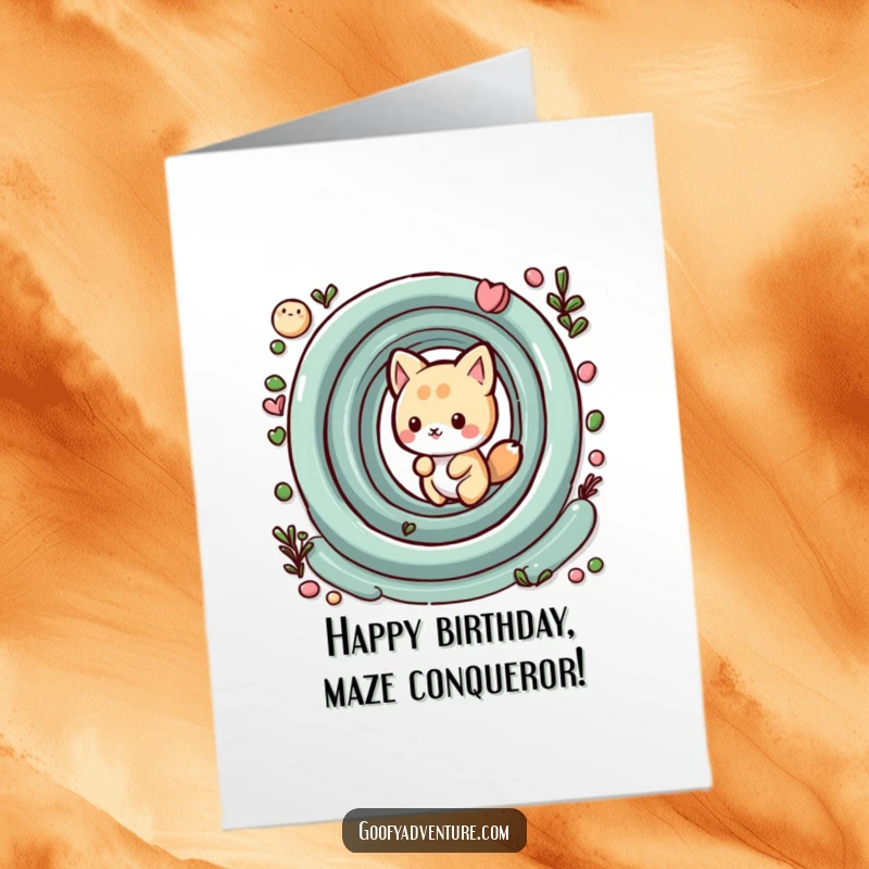 Funny Free Printable Birthday Card: Kawaii animal looking puzzled but happy in a whimsical maze, a downloadable card.