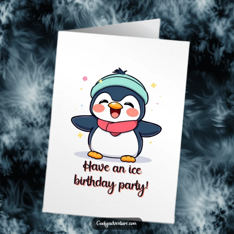 Funny Free Printable Birthday Card: Joyous penguin playing with aurora lights, magical birthday wish, spectacular gift, DIY.