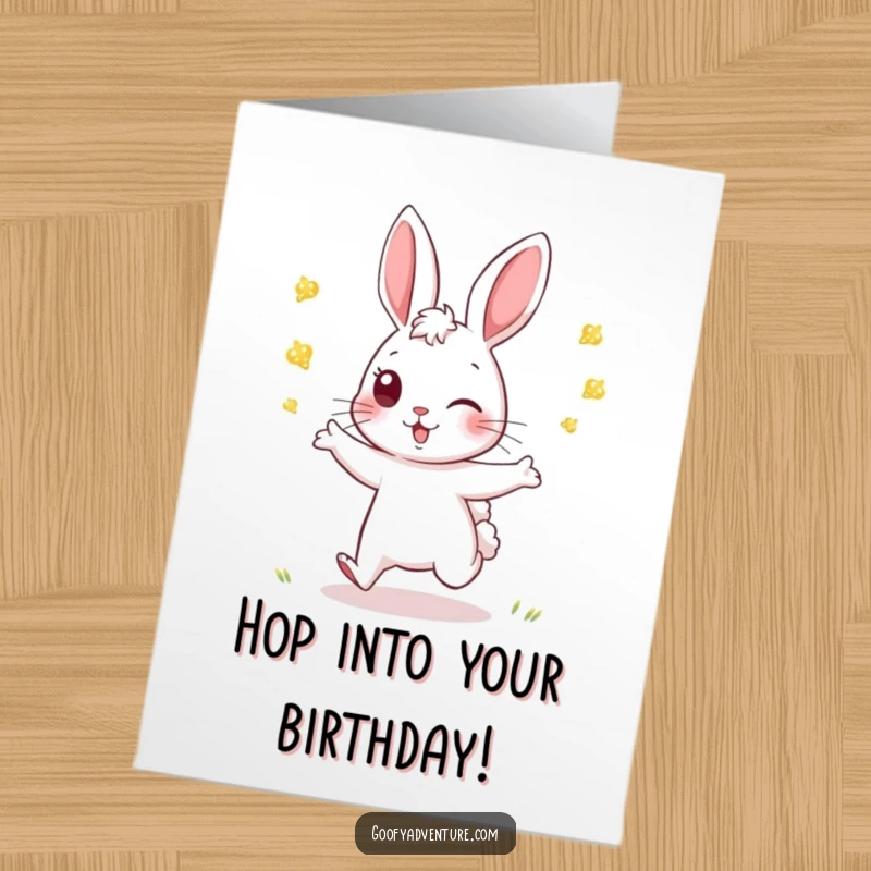 Funny Free Printable Birthday Card: An energetic rabbit character joyfully plays tag, chasing glowing fireflies in the twilight.