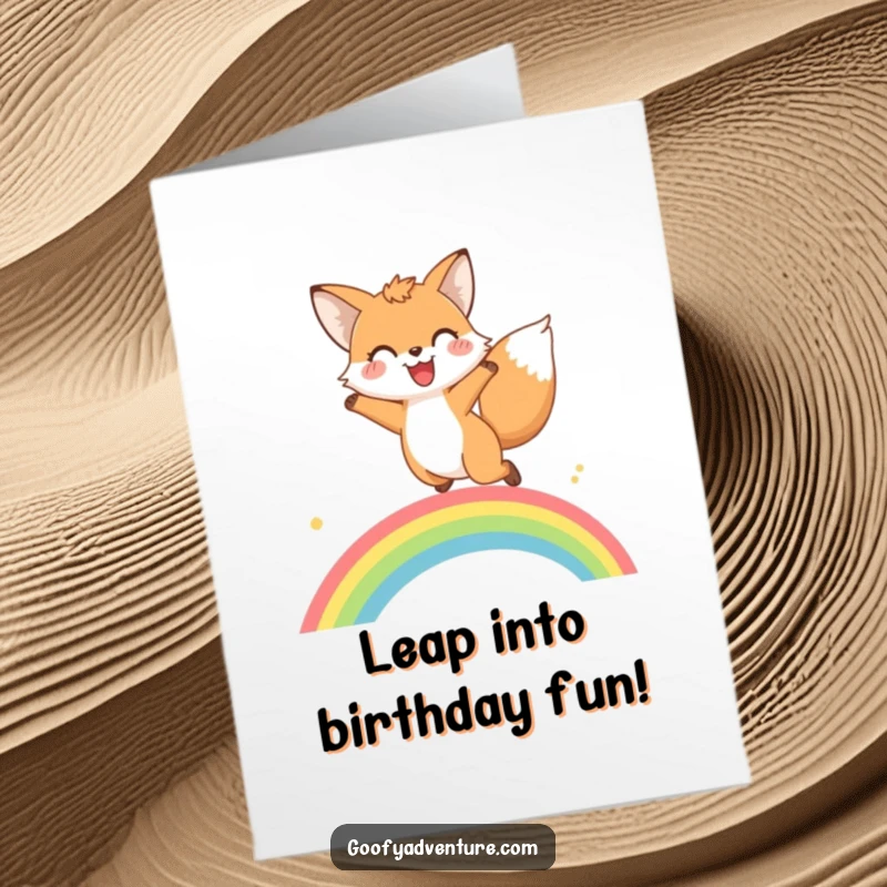 Funny Free Printable Birthday Card: Happy fox gleefully mid-air, leaping over a vibrant rainbow, symbolizing joy and celebration.