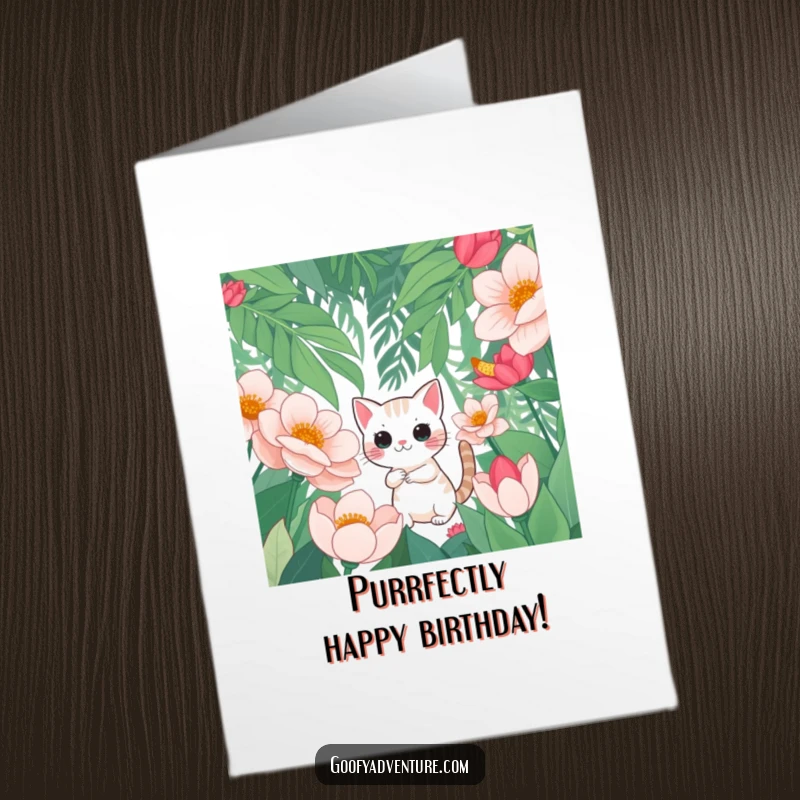 Funny Free Printable Birthday Card: Cat curiously venturing through a vibrant jungle of enormous, exotic flowers.
