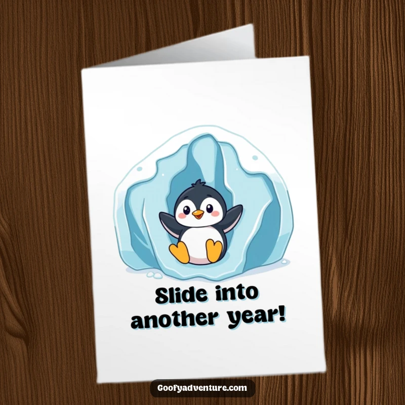 Funny Free Printable Birthday Card: Playful penguin character happily sliding down a giant icy glacier, full of birthday cheer.