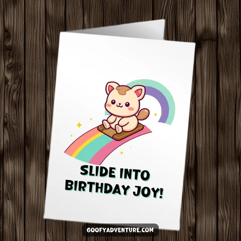 Funny Free Printable Birthday Card of a kawaii animal character joyfully sliding down a vibrant rainbow trail, a colorful celebration.