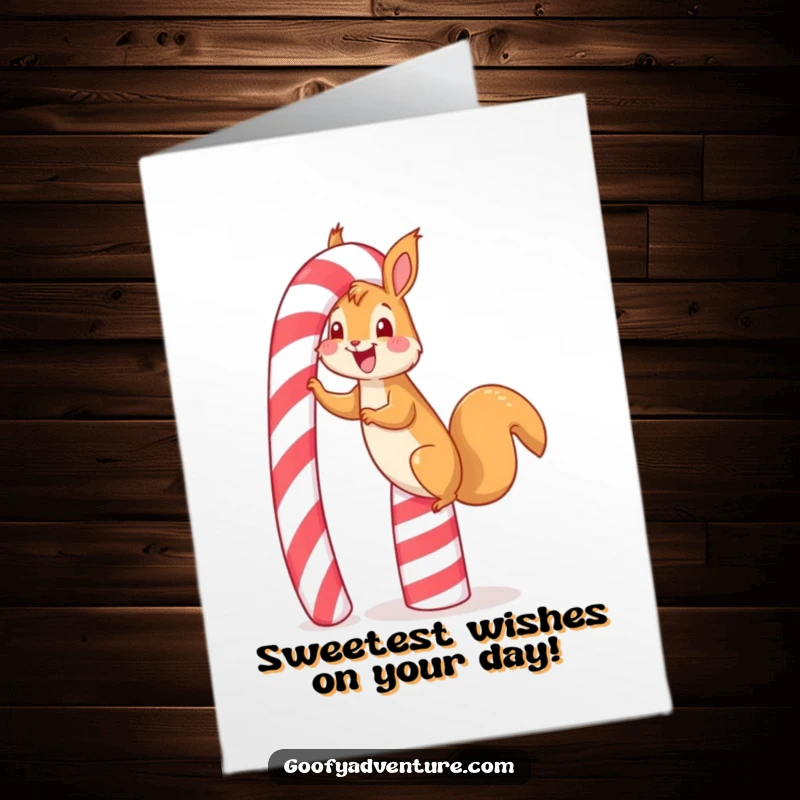 Funny Free Printable Birthday Card of a happy squirrel character gleefully scaling a giant, towering candy cane.