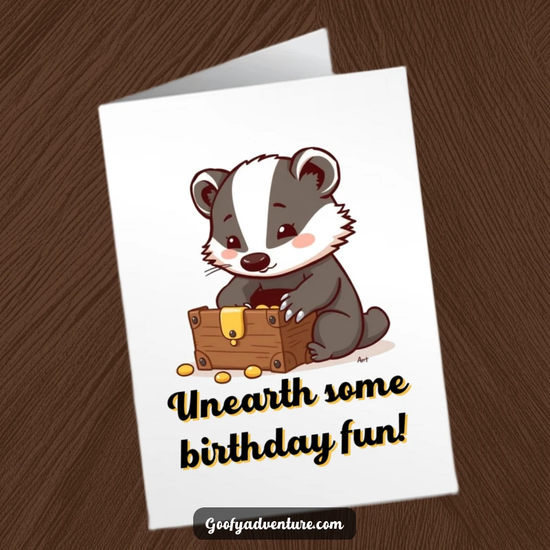 Funny Free Printable Birthday Card: A clever badger character excitedly uncovers a wooden treasure chest overflowing with sparkling gold.