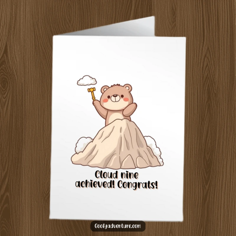 Funny Free Printable Congratulations Card: Bear standing triumphantly atop a cloud mountain, celebrating victory.