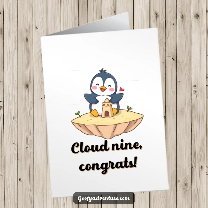 Funny Free Printable Congrats Card: Penguin giggles building sandcastle on floating cloud island, celebrating success