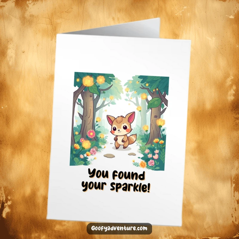 Funny Free Printable Congrats Card: Determined animal ventures through a glowing whimsical forest, celebrating success.
