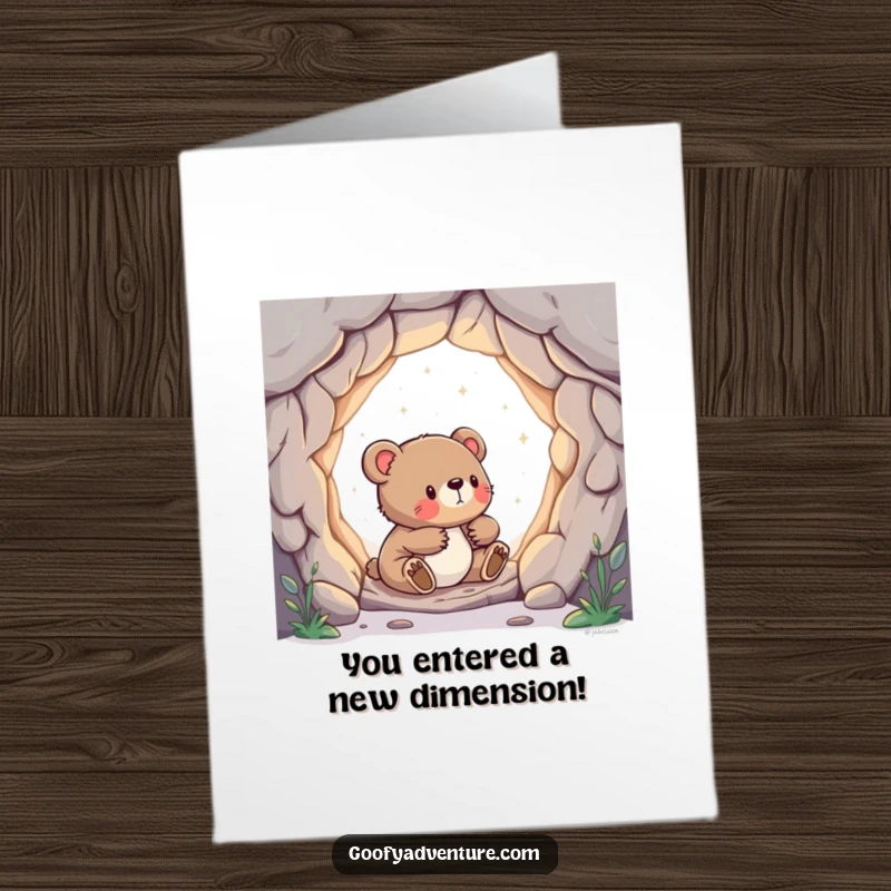 Free Printable Congratulations Card: Curious bear cub finding portal, celebrating success, new beginnings, funny gift, DIY.