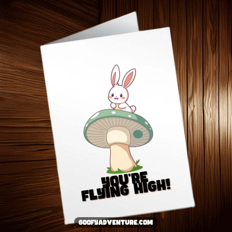 Funny Free Printable Congratulations Card featuring a cheerful bunny riding a whimsical mushroom, celebrating a magical achievement.
