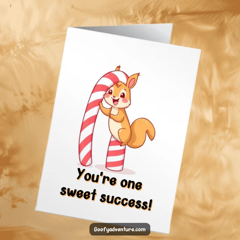 Funny Free Printable Congratulations Card with a happy squirrel gleefully scaling a towering candy cane, symbolizing achievement.
