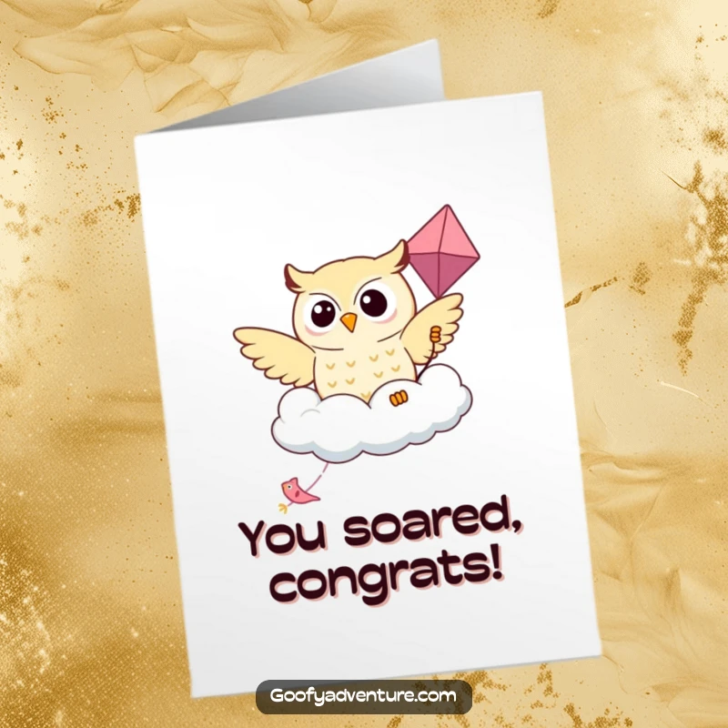 Funny Free Printable Congratulations Card: Kawaii owl soaring joyfully through the sky on a friendly cloud-shaped kite, reaching new heights.