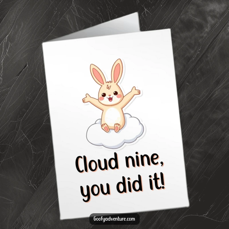 Funny Free Printable Congratulations Card: A rabbit in blissful flight on a cloud, arms outstretched, celebrating success.