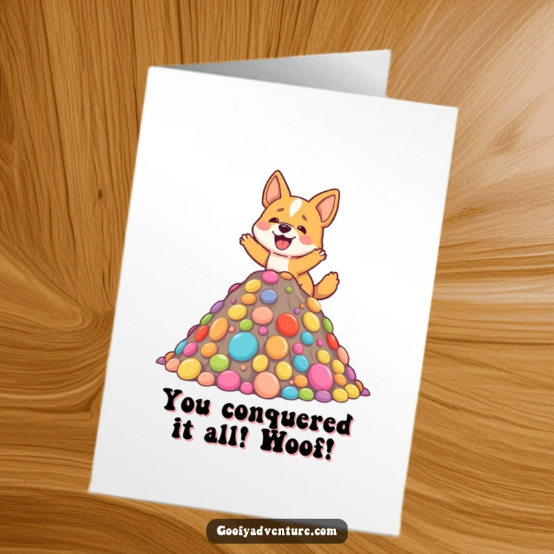 Funny Free Printable Dog climbing a candy mountain, celebrating a sweet success and achievement.