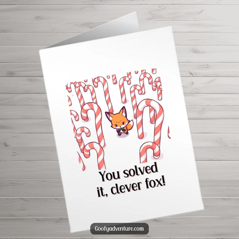 Funny Free Printable Fox Congrats Card: Determined fox in a candy cane maze, celebrating sweet success humorously.