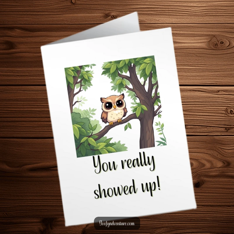 Funny Free Printable Owl Congratulations Card: A determined owl bravely pushes through enormous jungle leaves, a symbol of triumph. Downloadable gift.