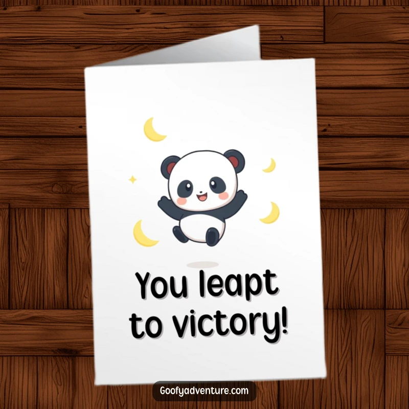 Funny free printable congratulations card: smiling panda character leaping between crescent moons.