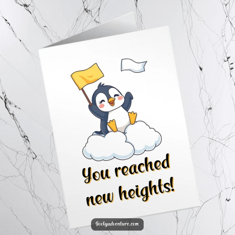 Funny Free Printable Penguin Congratulations Card: A joyful penguin plants a flag on a cloud, celebrating a grand achievement. Downloadable gift.