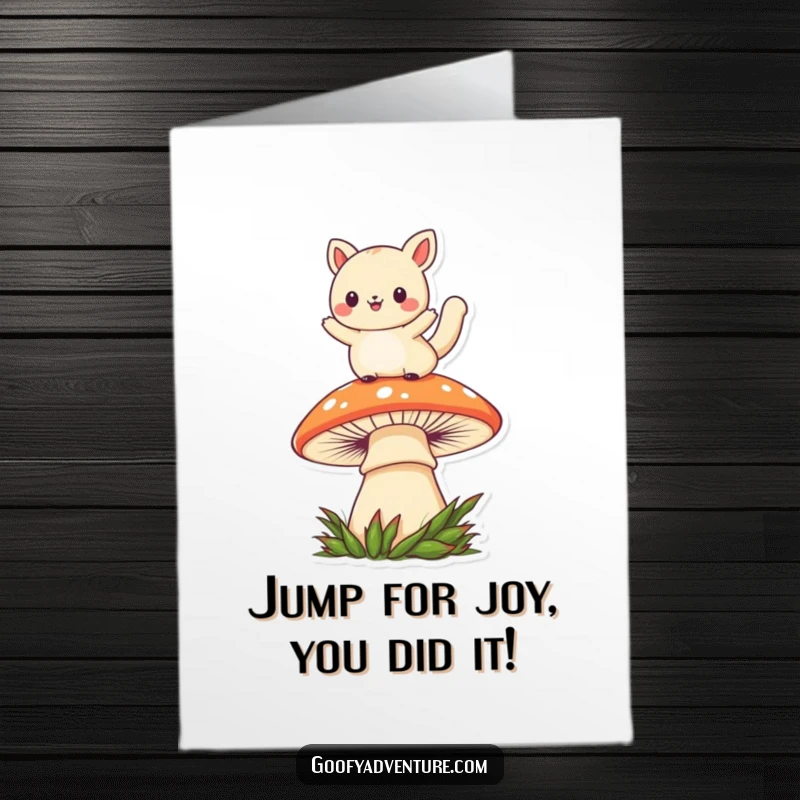 Funny Free Printable Congrats Card: Kawaii animal enthusiastically leaps over a huge mushroom, marking a victory.