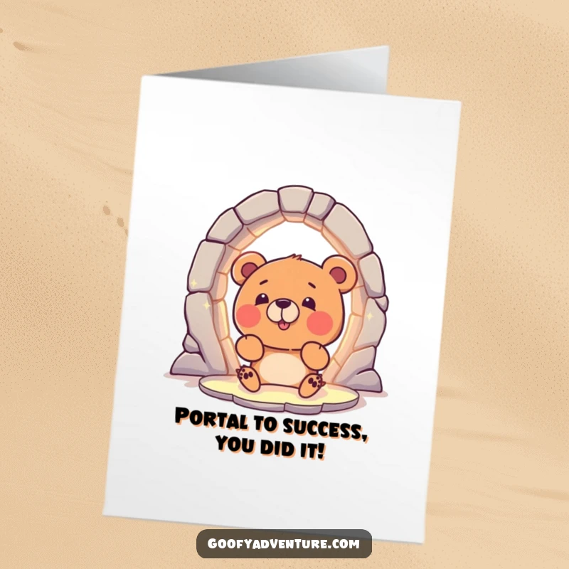 Funny Free Printable Congratulations Card: Bear staring into a magical portal, symbolizing new beginnings.