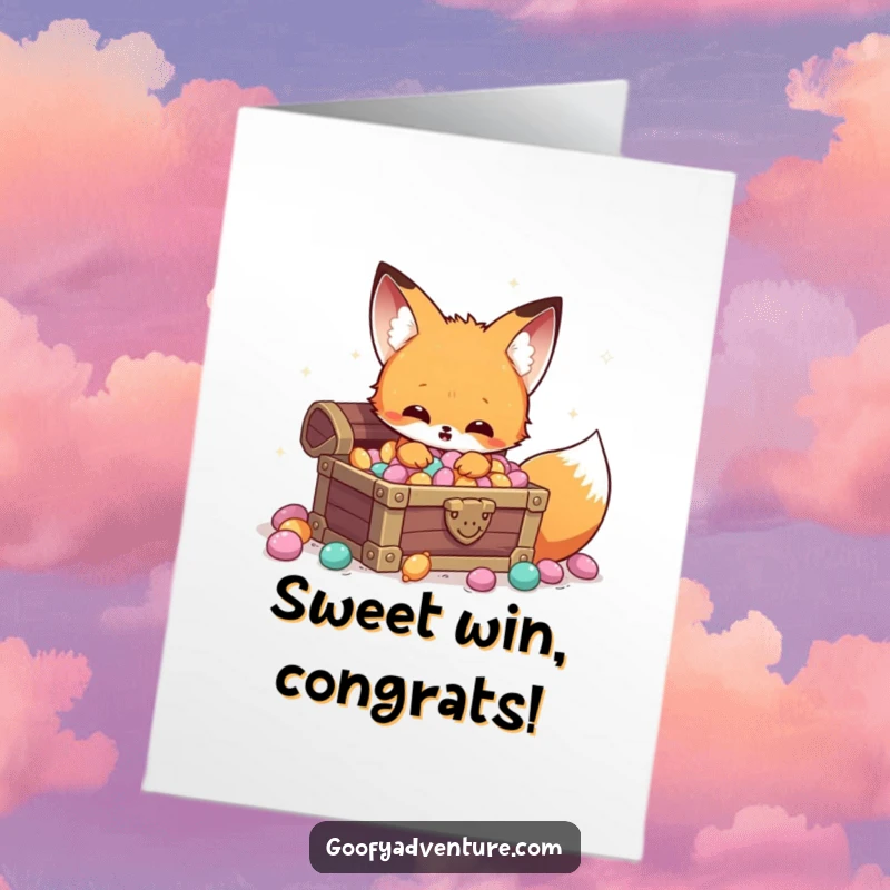 Funny Free Printable Congrats Card: Kawaii fox discovering a hidden treasure chest brimming with sparkling candy, celebrating wins.