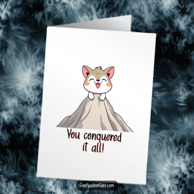 Funny Free Printable Congrats Card: Playful animal grins while scaling a massive peak, reaching new heights.