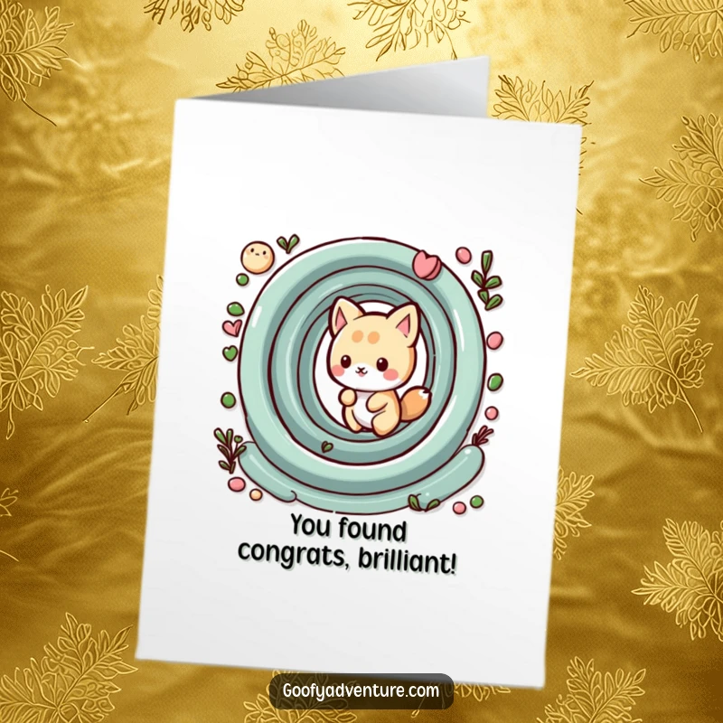 Funny Free Printable Congratulations Card: Kawaii animal triumphantly exiting a whimsical maze, a humorous success downloadable art.