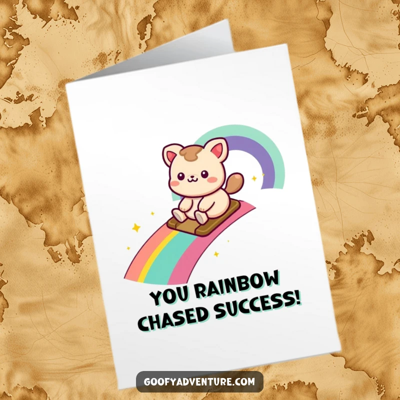 Funny Free Printable Congratulations Card featuring a kawaii animal character joyfully sliding down a rainbow trail, a vibrant celebratory ride.