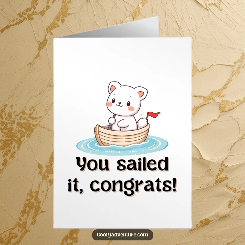 Funny Free Printable Congratulations Card: Kawaii animal joyfully sailing a small boat, celebrating good news with a downloadable design.