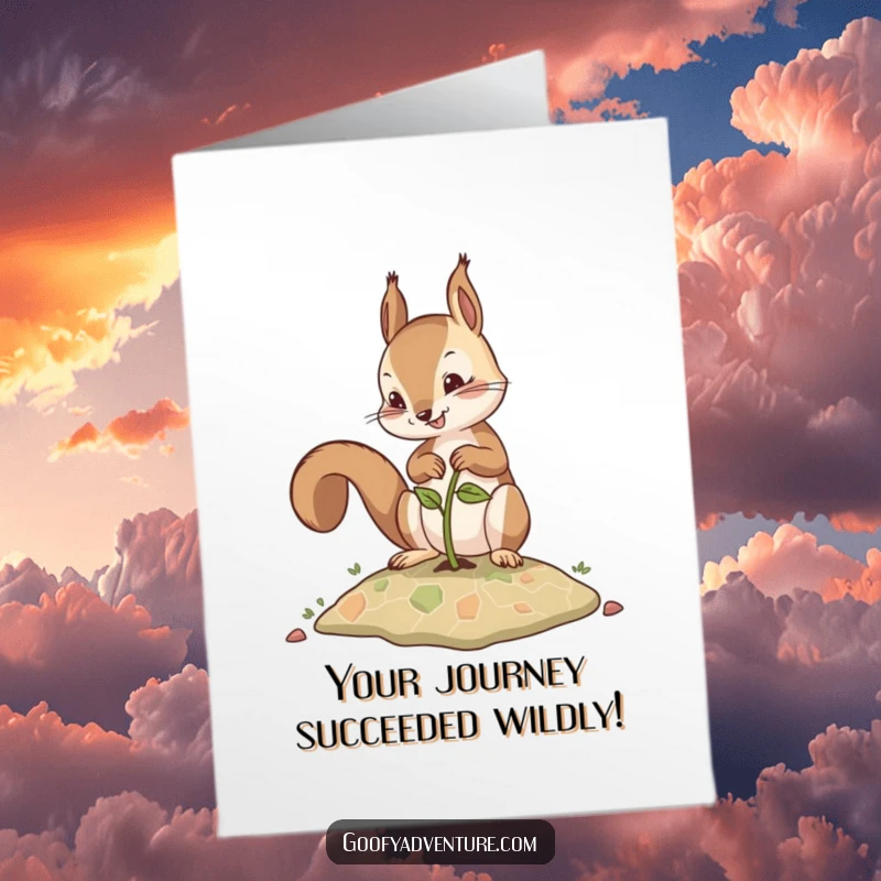 Free Printable Congratulations Card: Squirrel planting map seed, celebrating success, funny achievement, DIY.