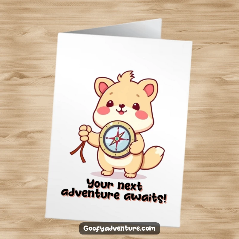 Funny Free Printable Congrats Card: Kawaii animal with compass, excitedly pointing towards a bright future.