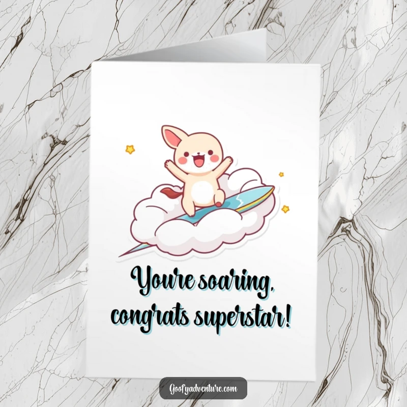 Funny Free Printable Congrats Card: Kawaii animal joyfully surfs a cloud, celebrating success with a big smile.