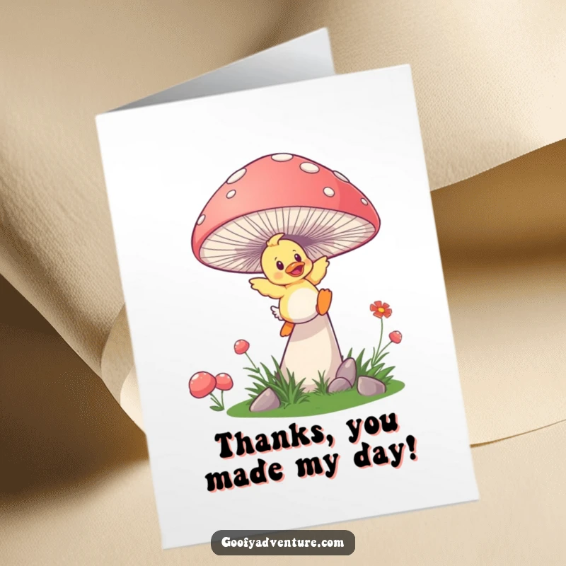 Funny free printable thank you card: a playful duckling launches from a giant, springy mushroom.